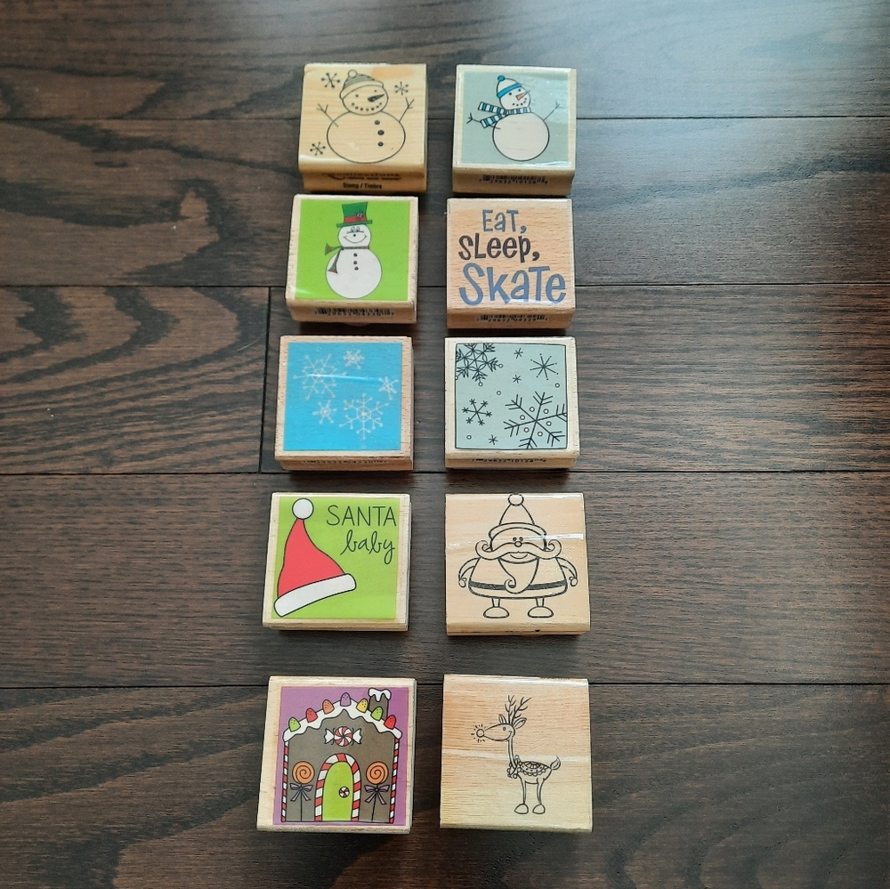 Winter and Christmas Themed Wooden Rubber Stamp Set